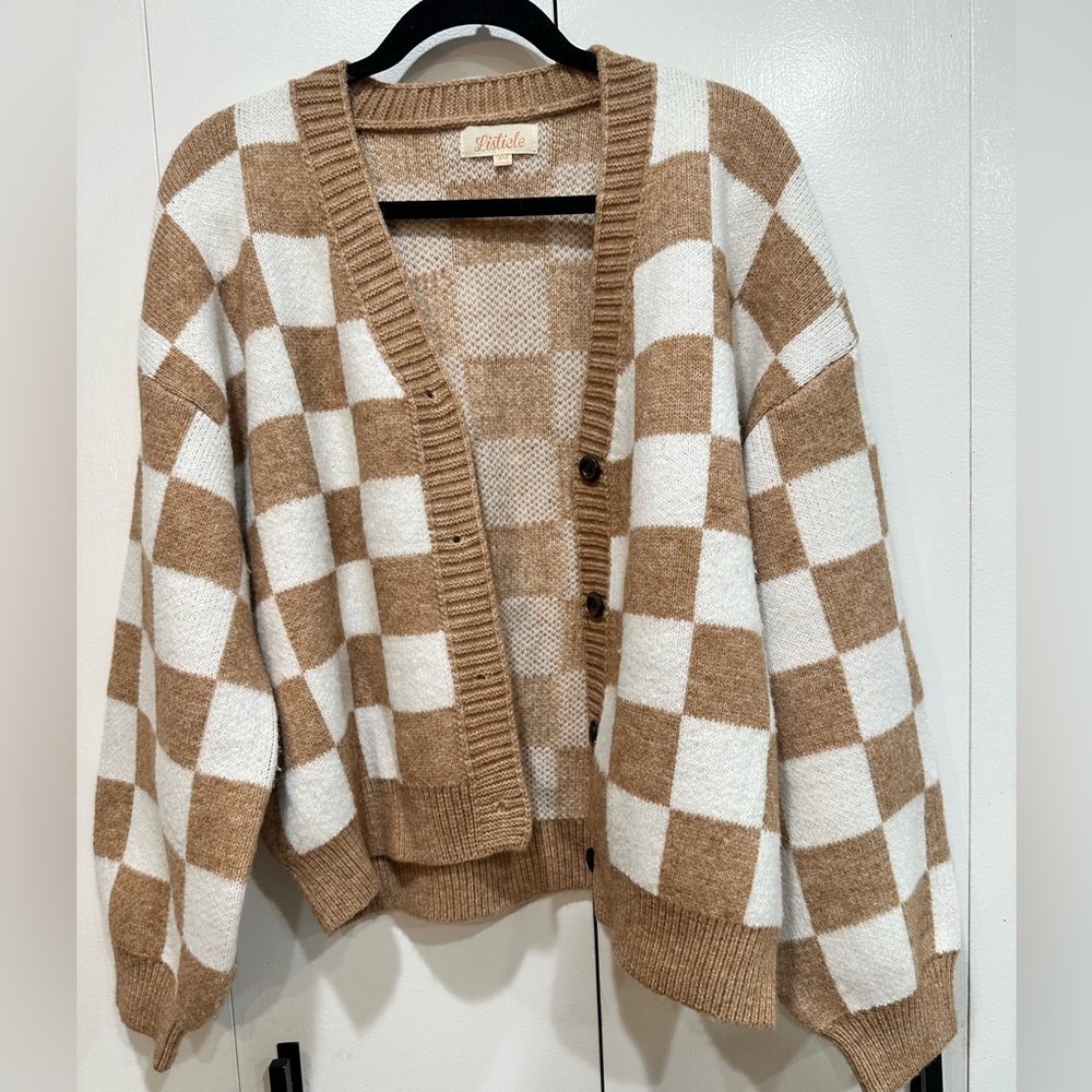 Vici Checkered Pocketed Knit Cardigan XL